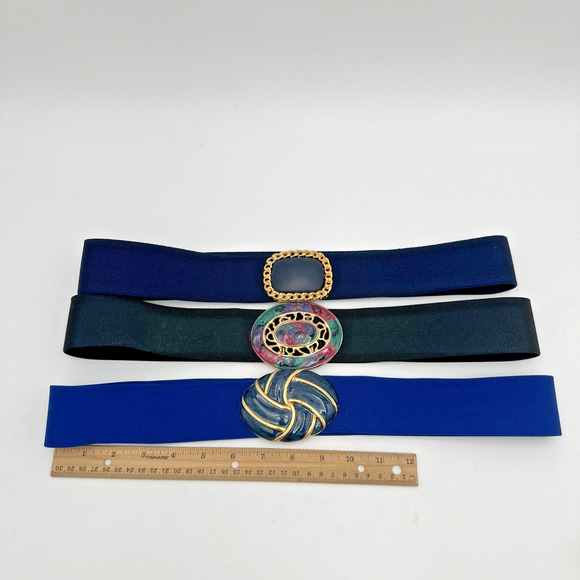 Set Of 3 Vintage 80s Lacquered Gold Tone Buckle Elastic Stretch Belts main image 6